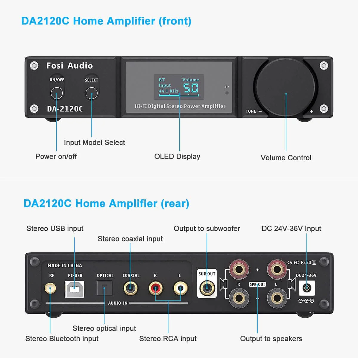 DA2120C 2.1-Channel Wireless DAC Amplifier with EQ Control | 120W×2 @ 4Ω Max Output - Image 5